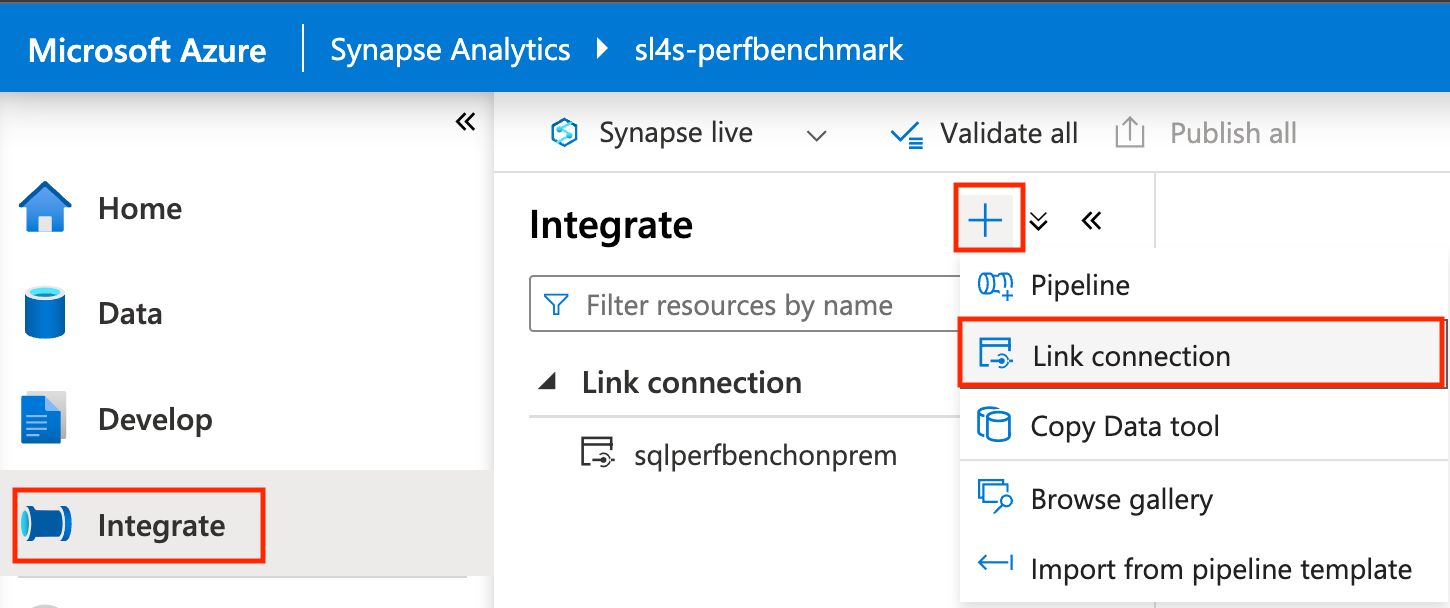 Screenshot that shows how to select a new link connection from Synapse Studio.