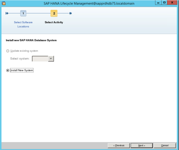 Screenshot of SAP HANA Lifecycle Management screen, with Install New System selected.
