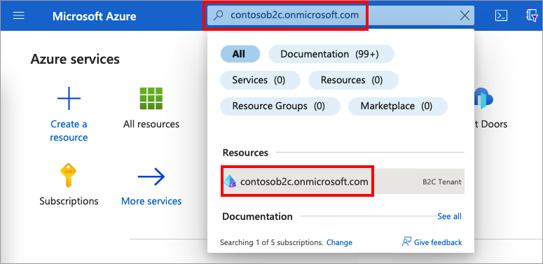 Screenshot that shows how to select an Azure AD B2C tenant in Azure portal.