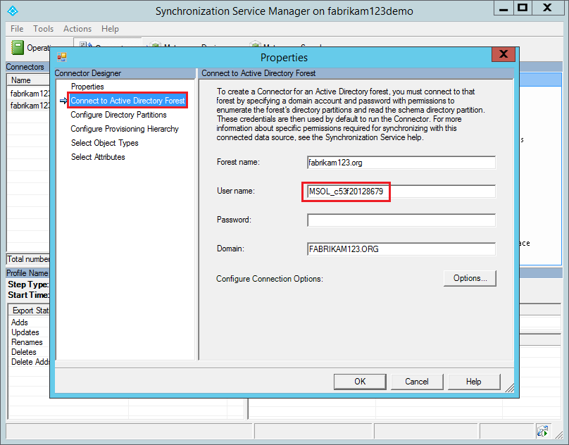 Finding the synchronization service Active Directory user account
