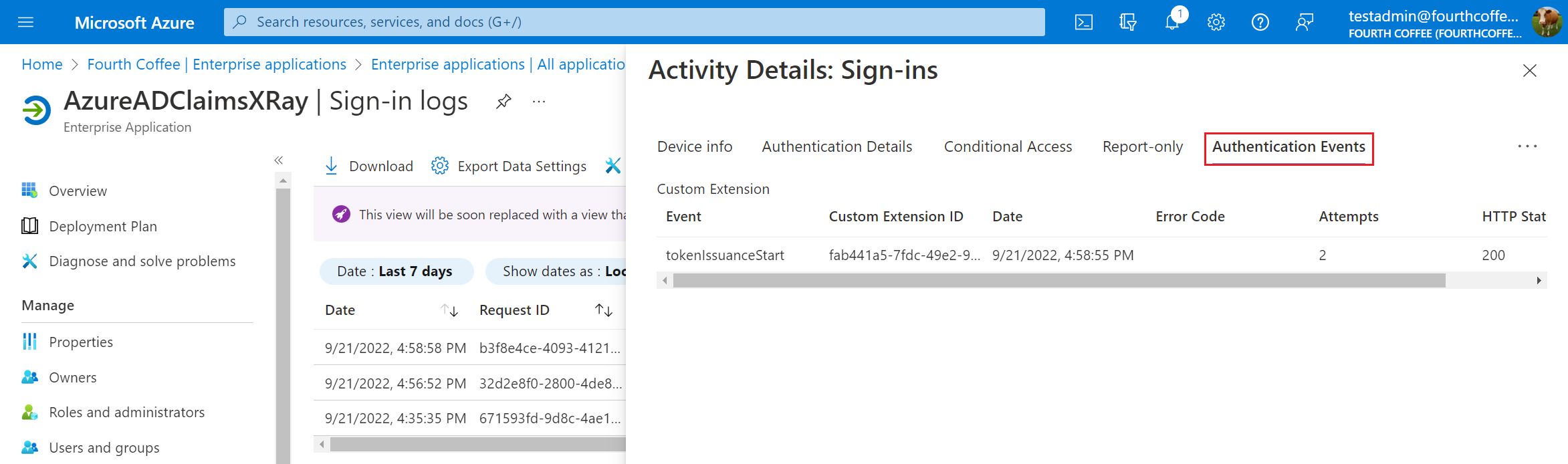Screenshot that shows the authentication events information.
