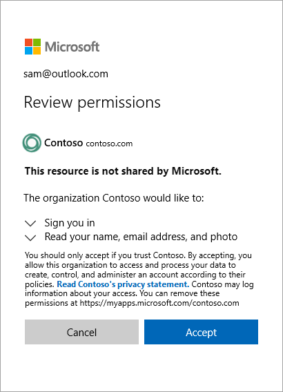 Screenshot showing the Review permissions page