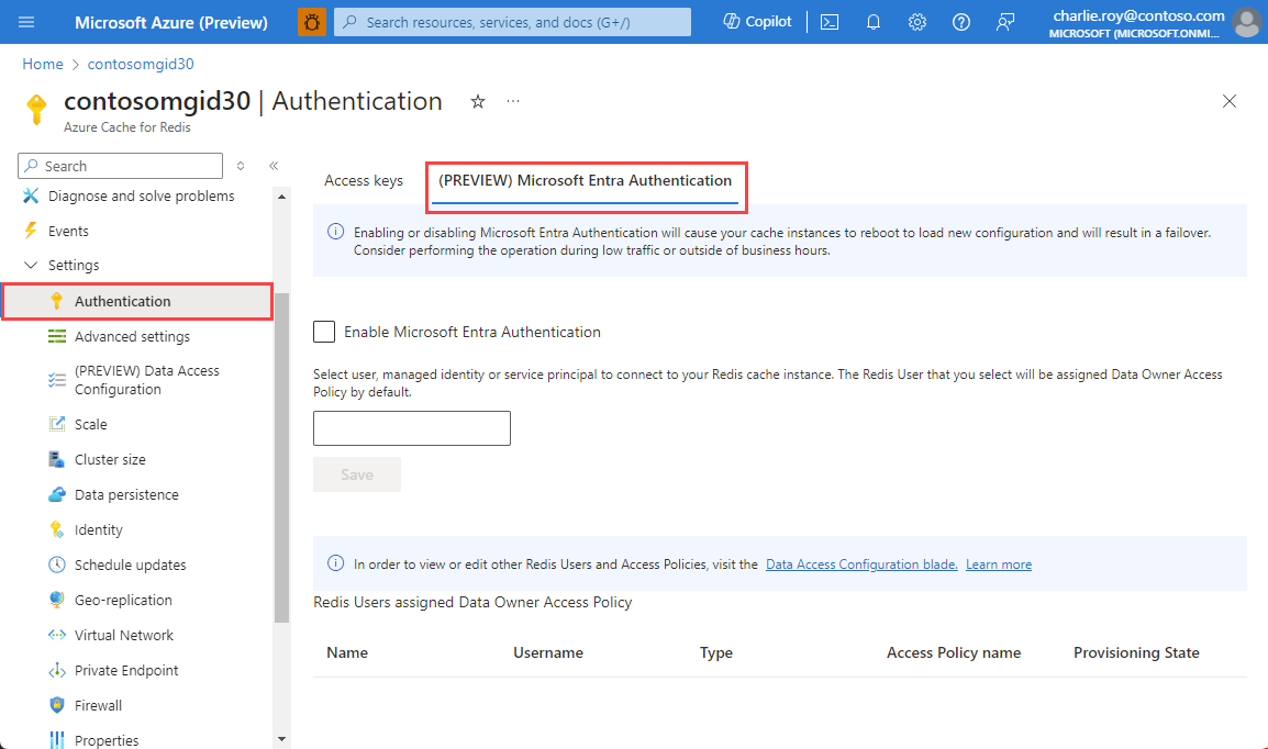 Screenshot showing Authentication selected in the Resource menu and Microsoft Entra ID in the working pane.
