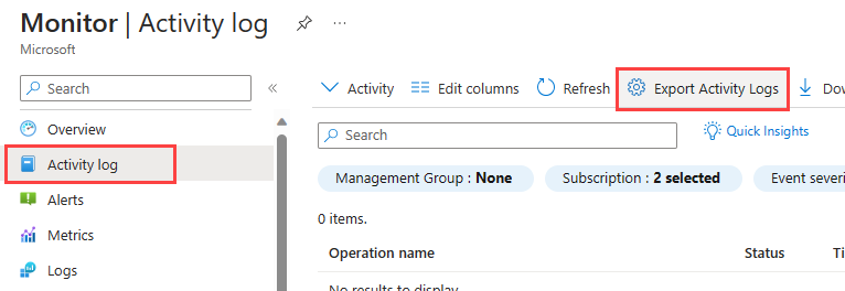 Screenshot of the Azure Monitor menu with Activity log selected and Diagnostic settings highlighted in the Monitor-Activity log menu bar.