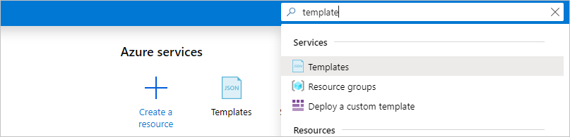 Screenshot of the search bar in Azure portal with 'templates' entered as the search query.