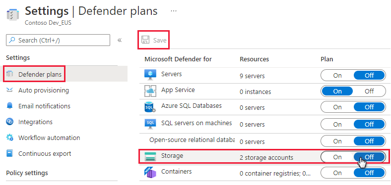 Screenshot of disabling and enabling the Microsoft Defender for Storage plan from Microsoft Defender for Cloud.