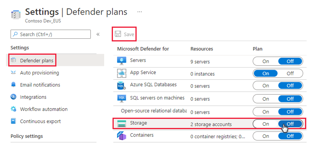 Screenshot showing how to switch the Defender for Storage plan to off.