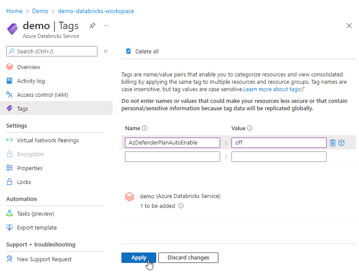 Screenshot showing the location, and how to apply the tag to your Azure Databricks account.