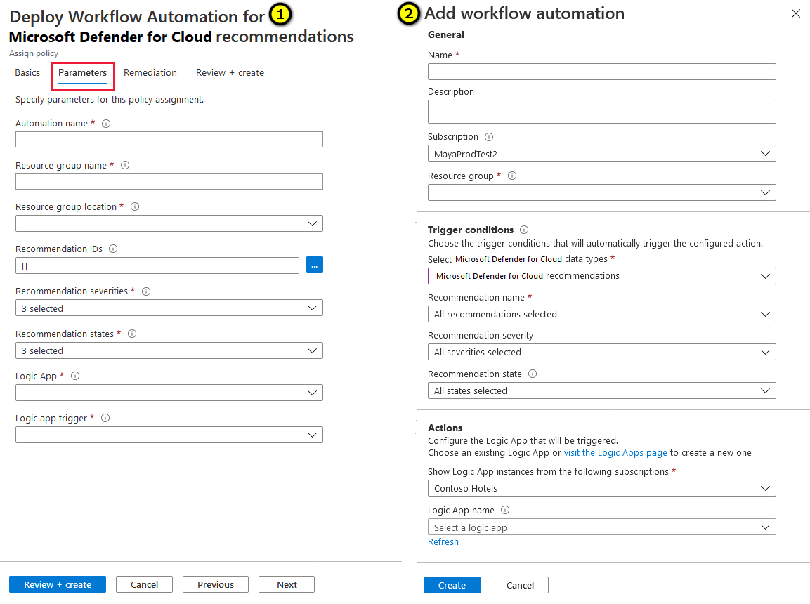 Comparing the parameters in workflow automation with Azure Policy.