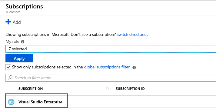 Screenshot of the Azure portal subscriptions list, highlighting a specific subscription for resource provider registration.