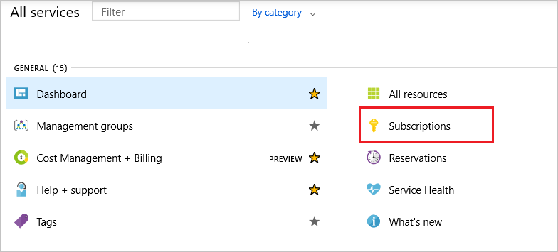 Screenshot of the Azure portal with search box and Subscriptions highlighted.