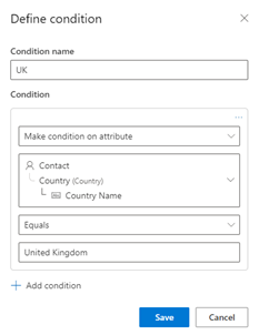 Екранна снимка на блок със съдържание с условие, дефинирано с помощта на колоната за справка за държавата по избор на контакта.