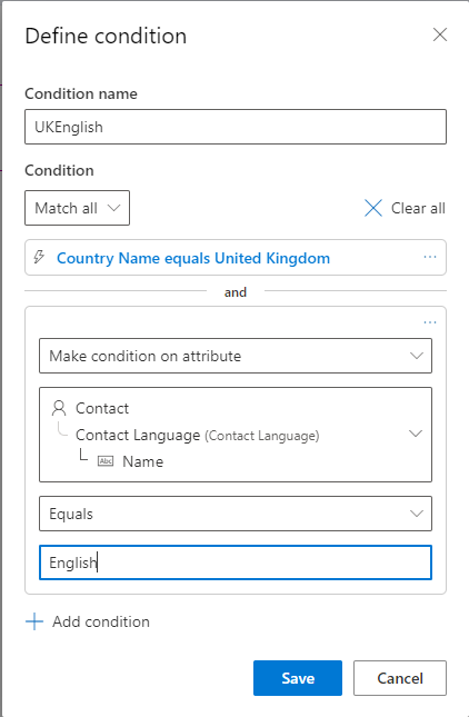 Екранна снимка на блок със съдържание с условие, дефинирано с помощта на потребителските колони за търсене на страната и езика на контакта.