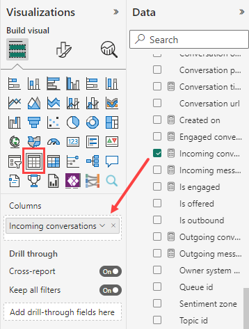 Екранна снимка на добавяне на визуализация на таблица към отчет във вградения Power BI редактор.