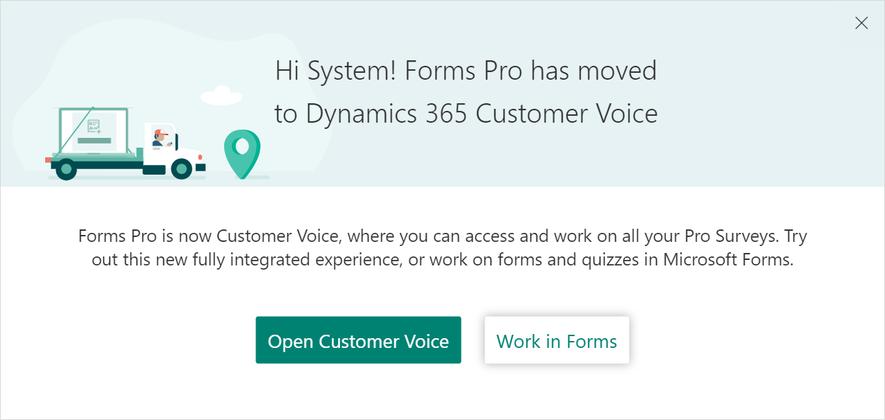 Съобщение за преместване Dynamics 365 Customer Voice на Forms Pro в.