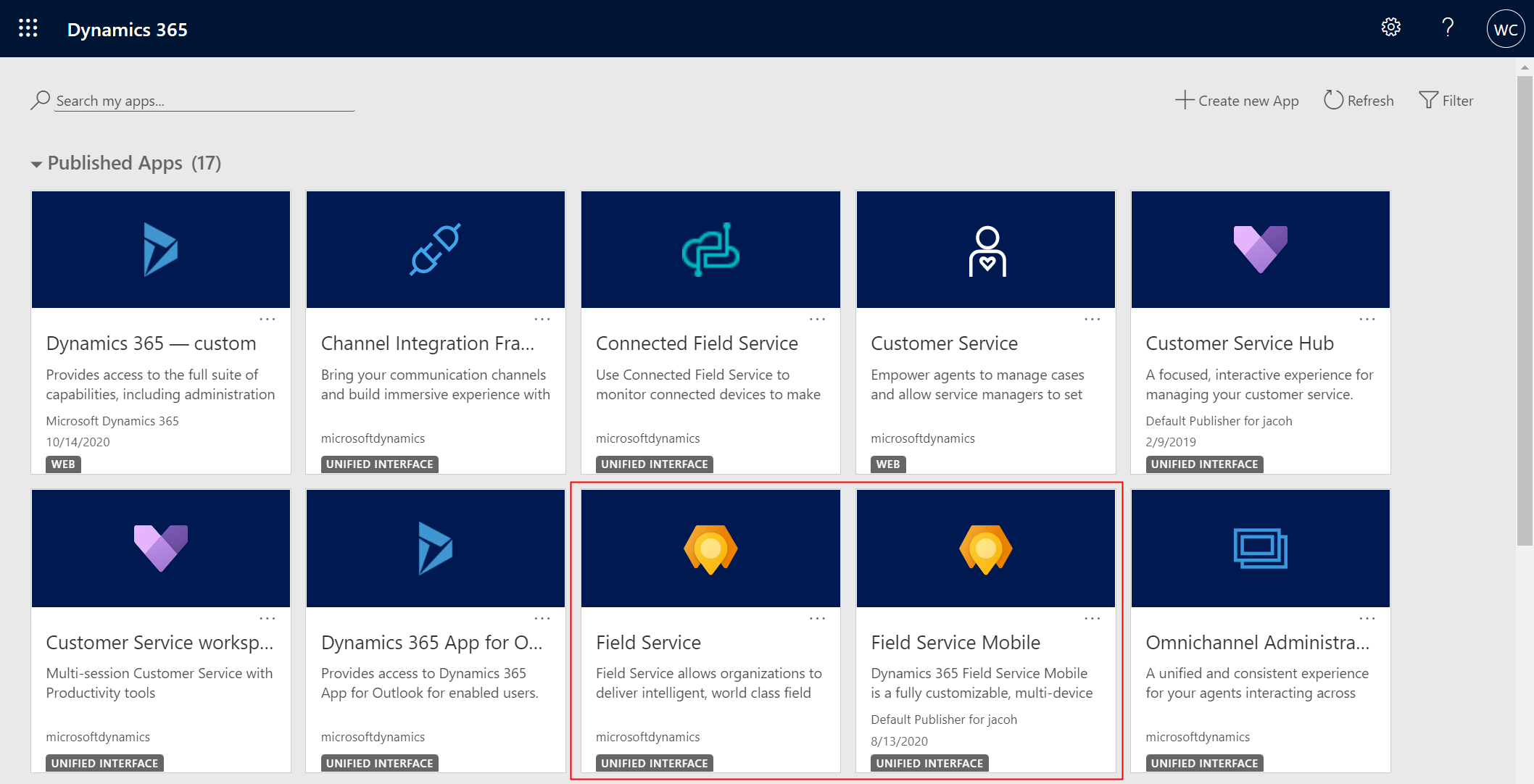 Екранна снимка на приложенията на Field Service.