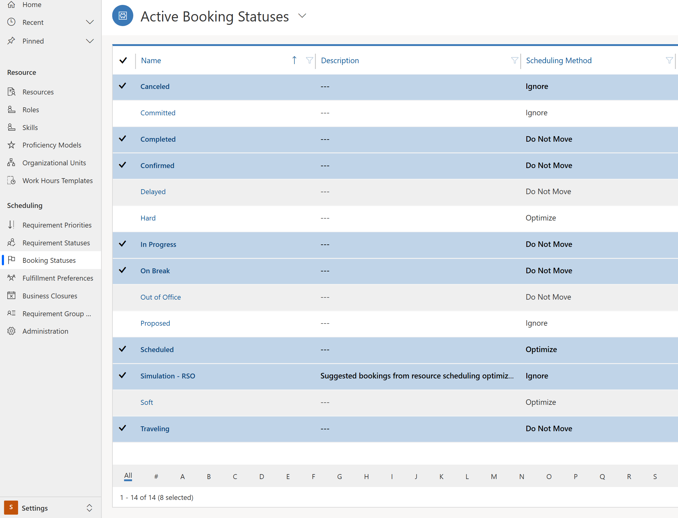 Екранна снимка на списък със статуси на активни резервации.