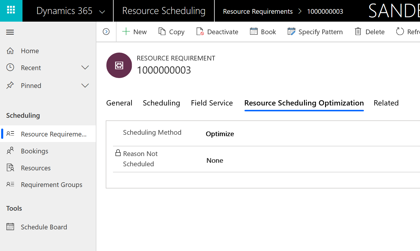 Екранна снимка на обекта с изискване за ресурс, показваща метода на планиране, зададен за оптимизиране.