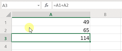 Анимация за преизчисляване на сумата от две числа в Excel.