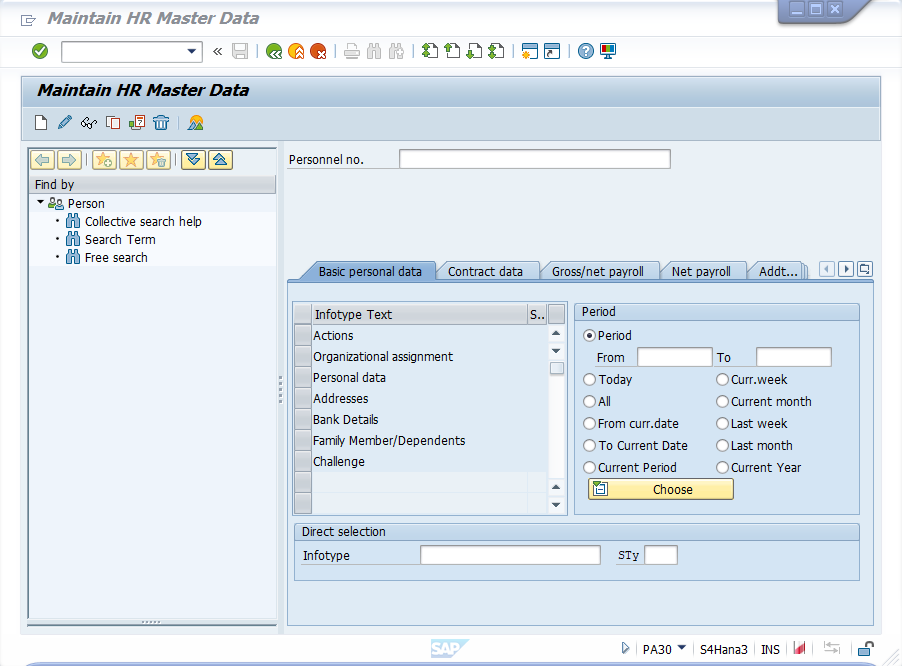 Екранна снимка на прозореца Поддържане на HR Master Data на приложението SAP Easy Access.