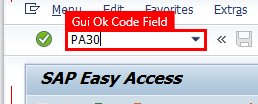 Екранна снимка на прозореца SAP Easy Access с PA30, въведен в полето за код на транзакцията и избраното поле.