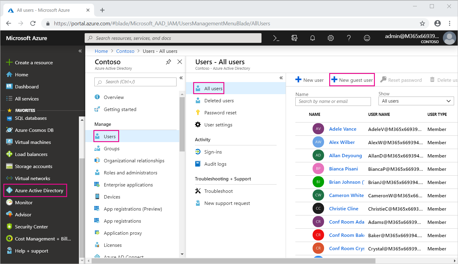 Screenshot of the Azure portal with the New guest user option called out.
