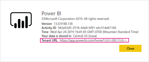 Screenshot of the About Power B I dialog with the guest user Tenant U R L called out.