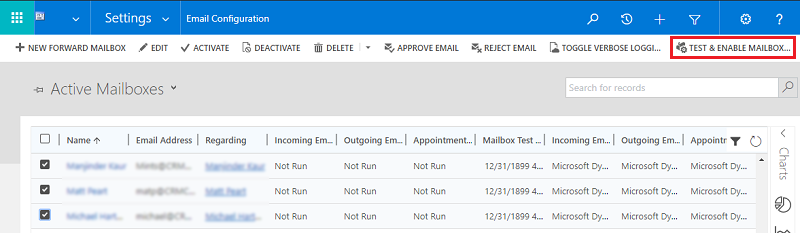 Екранна снимка, показваща командата Test & Enable Mailbox.