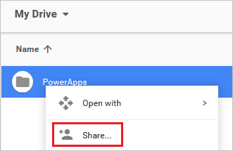Опция за споделяне в Google Drive.