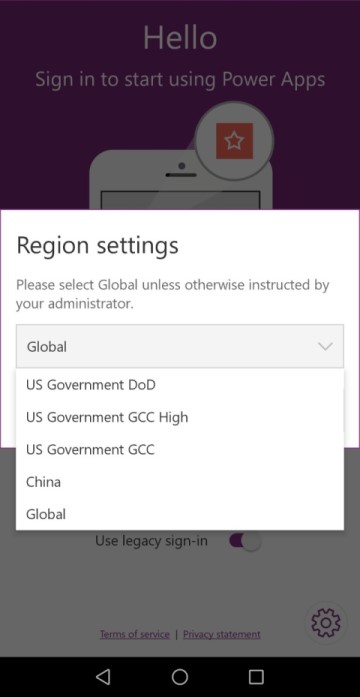 Изберете регион, когато влизате в Power Apps мобилно приложение