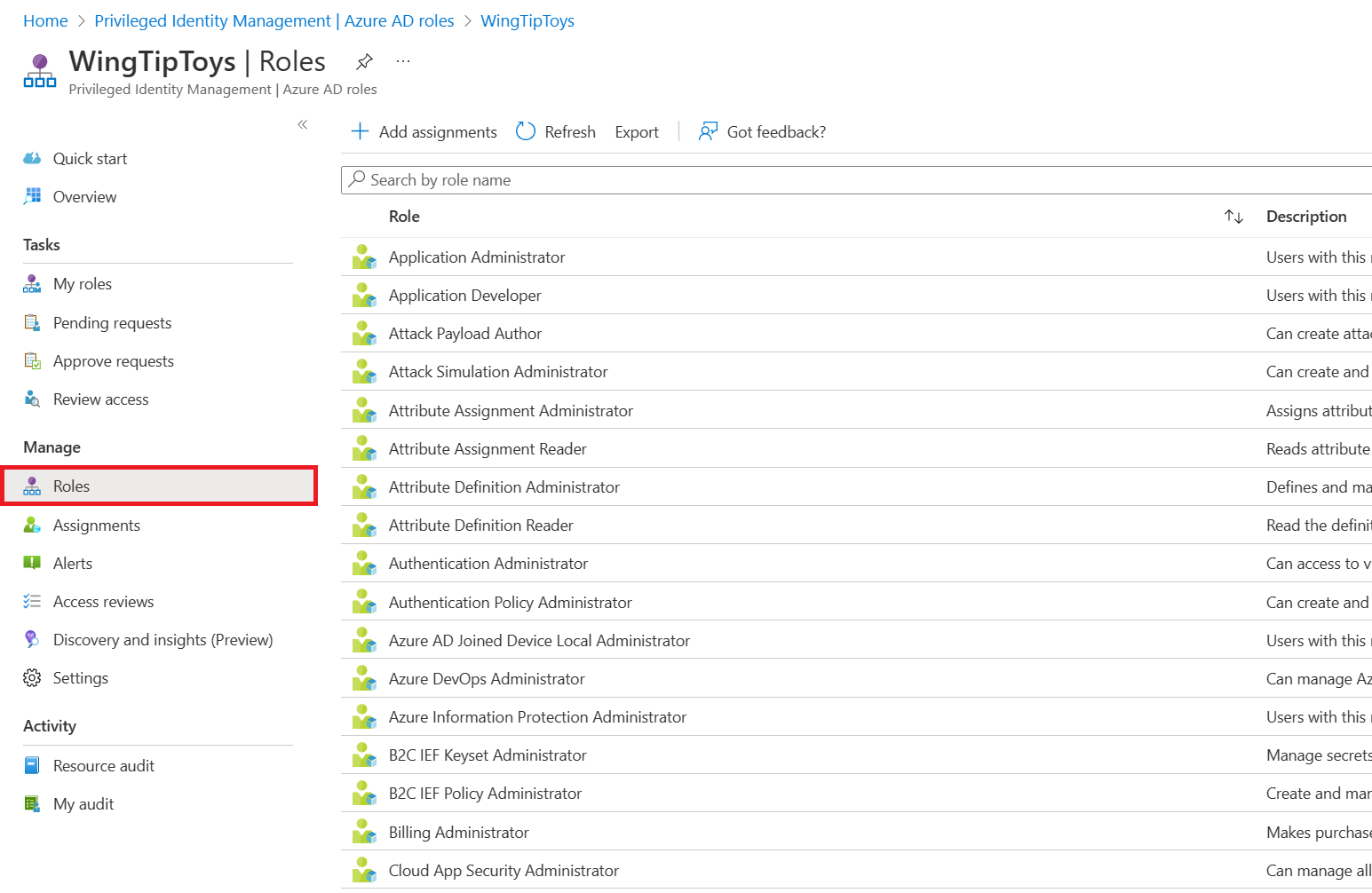 Role settings page listing Azure AD roles