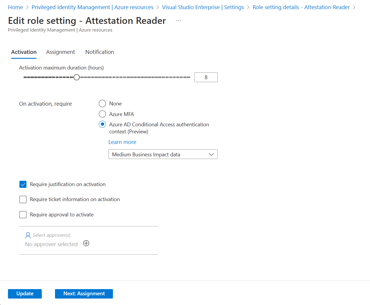 Role setting details page listing several assignment and activation settings