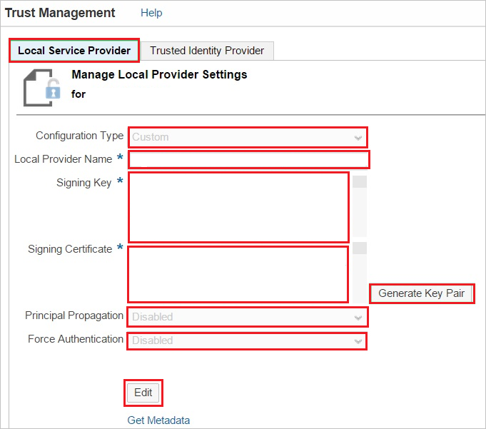 Screenshot that shows the "Trust Management" section with the "Local Service Provider" tab selected and all text boxes highlighted.