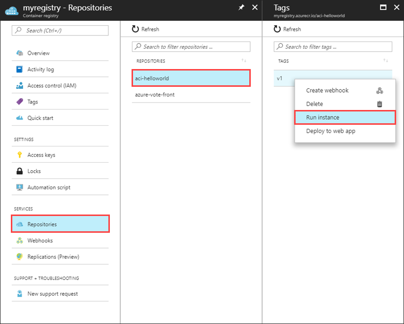 "Run instance" in Azure Container Registry in the Azure portal