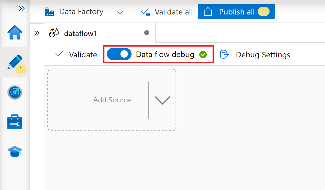 Screenshot of the data flow debug button in mapping data flow.