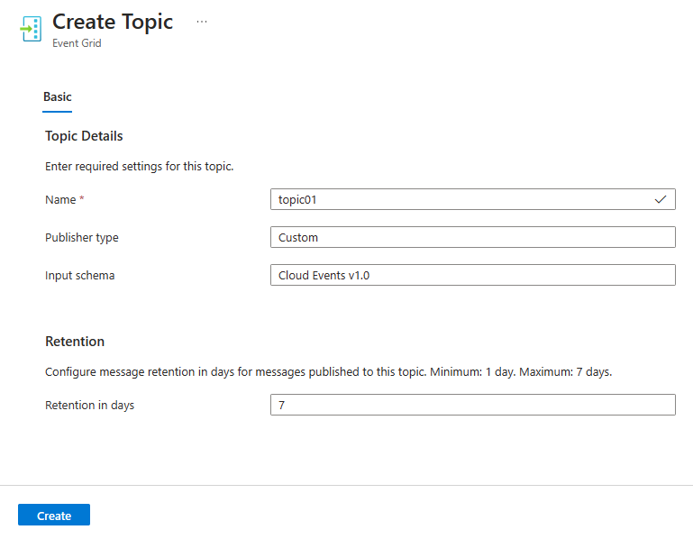 Screenshot showing Event Grid namespace topic creation basics.