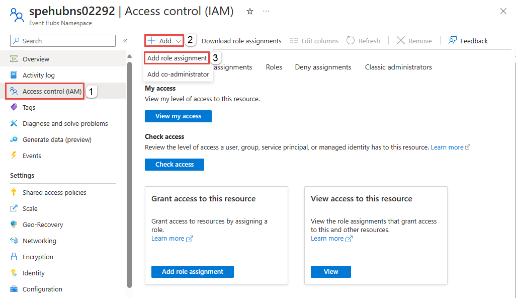Screenshot that shows the Access control page for the Event Hubs namespace.