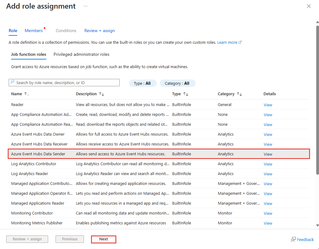 Screenshot that shows the Add role assignment page with Azure Event Hubs Data Sender selected.