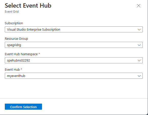 Screenshot that shows the Select event hub page.