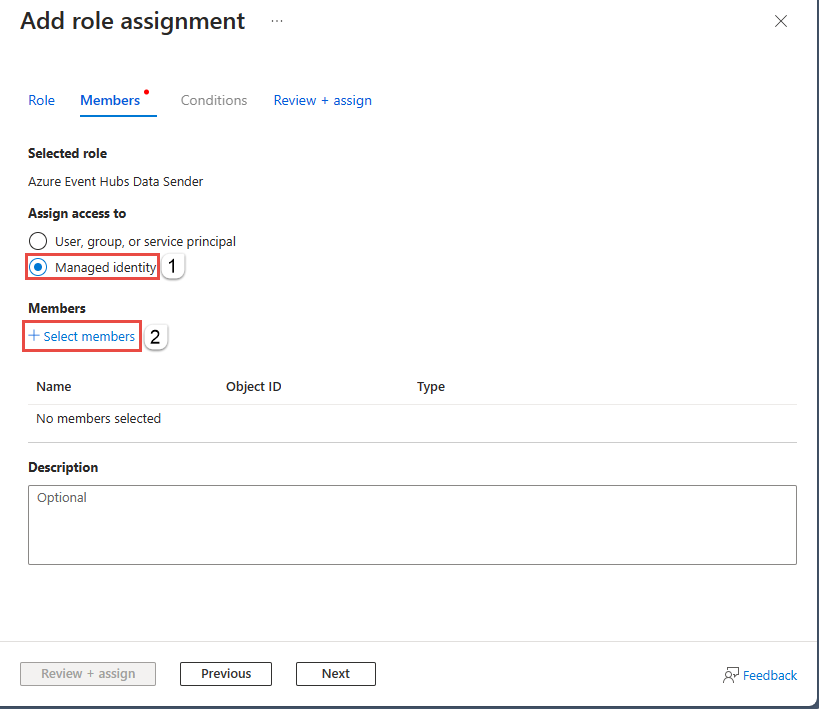 Screenshot that shows the Add role assignment page with Managed identity selected.