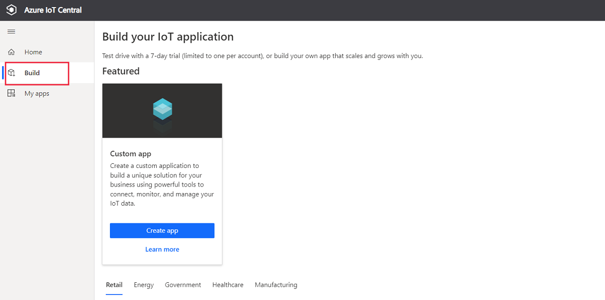 Screenshot of build page that lets you choose an application template.