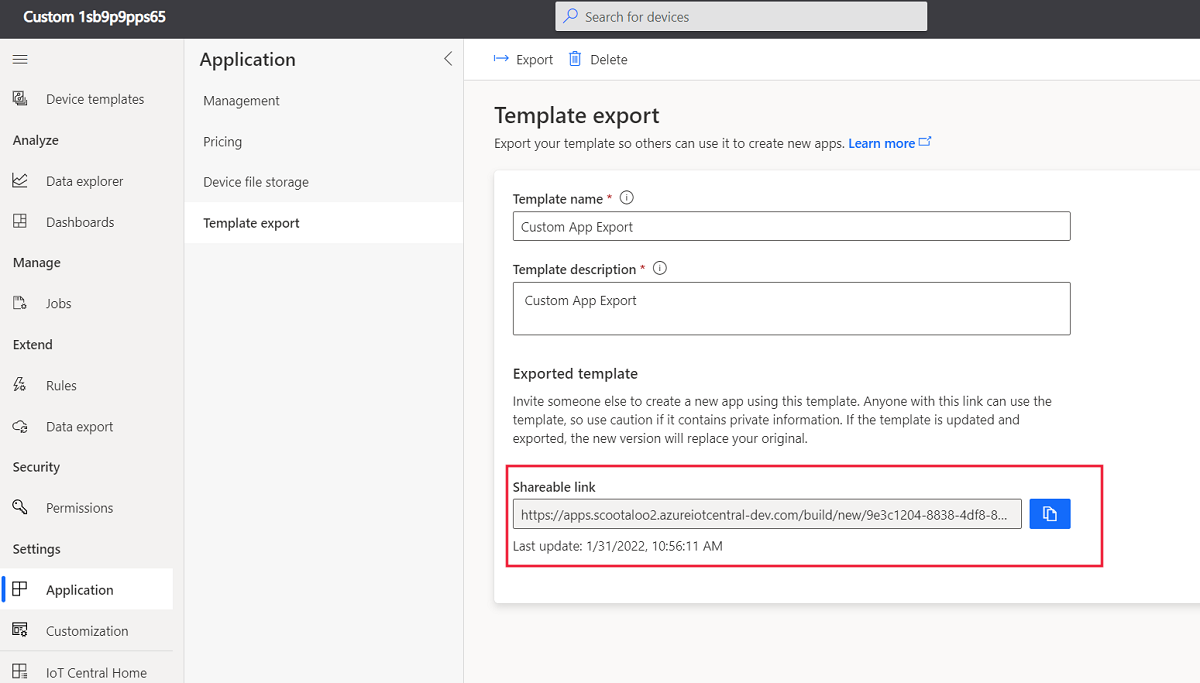 Screenshot that shows export an application template.