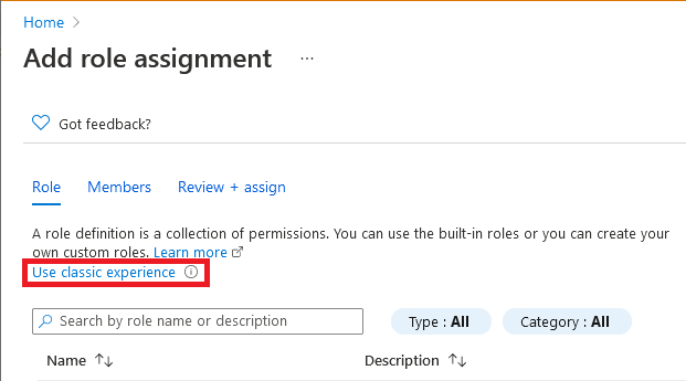 Screenshot of Add role assignment page with Use classic experience link for classic experience.