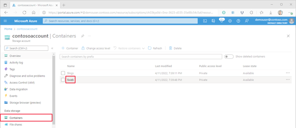 Image showing where to locate the website storage container in Azure portal