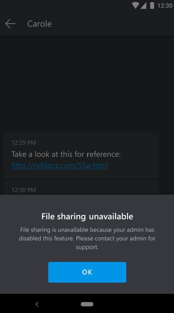Captura de pantalla de la aplicación móvil que muestra el mensaje de uso compartido de archivos