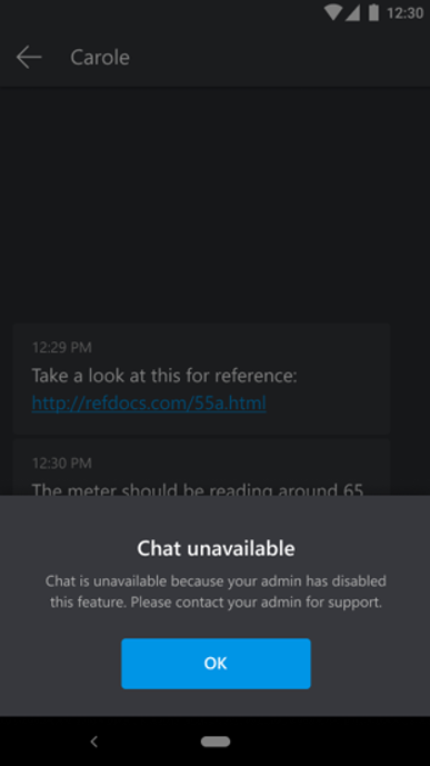 Captura de pantalla de la aplicación móvil que muestra el mensaje de chat