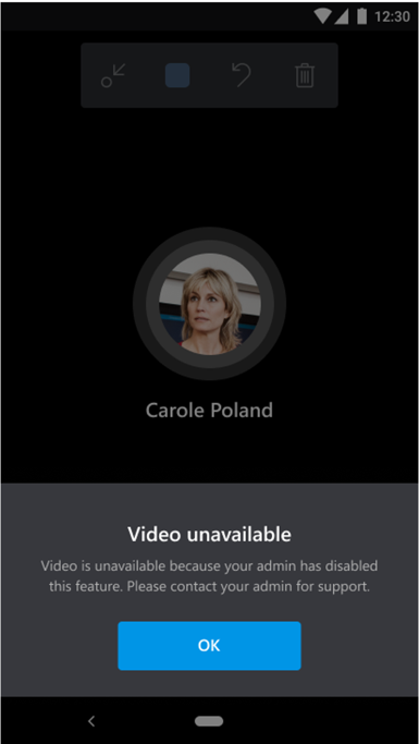 Captura de pantalla de la aplicación móvil que muestra el mensaje de vídeo