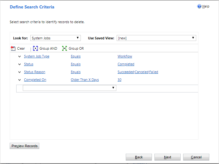 Captura de pantalla que mostra la configuració per crear un treball de supressió massiva de files.