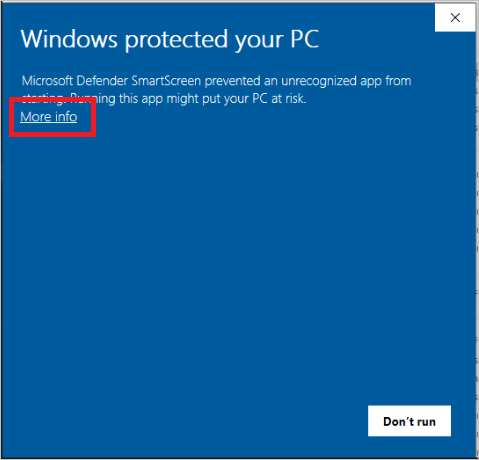 Captura de pantalla del diàleg Windows protegit el vostre PC.