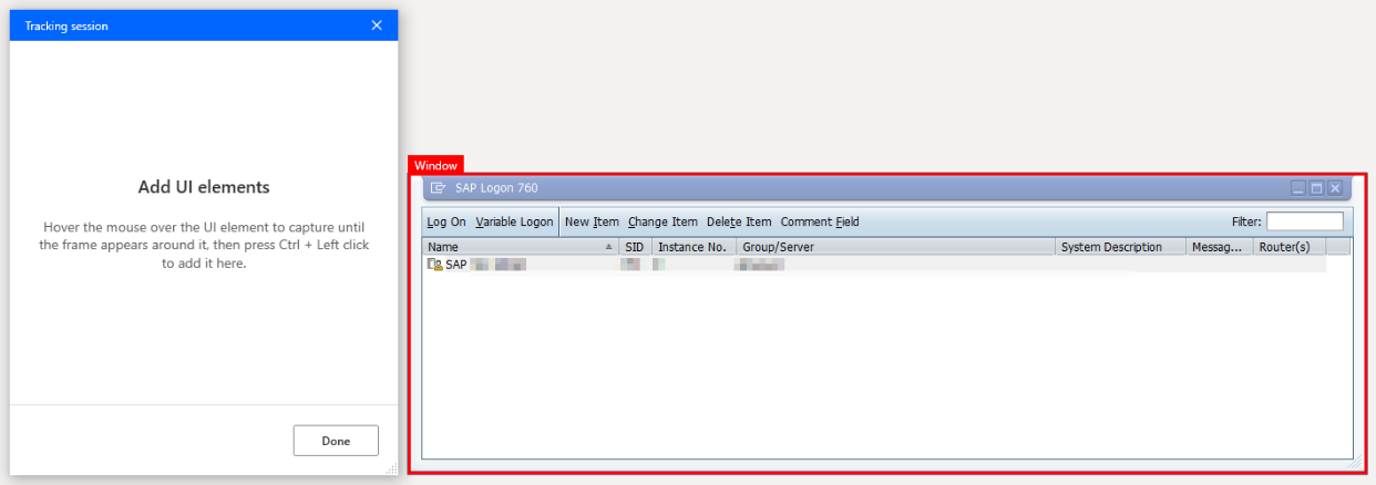 Captura de pantalla de la pantalla SAP Logon 760 amb una caixa de vores vermelles circumdant i una finestra de sessió de seguiment d'escriptori Power Automate .